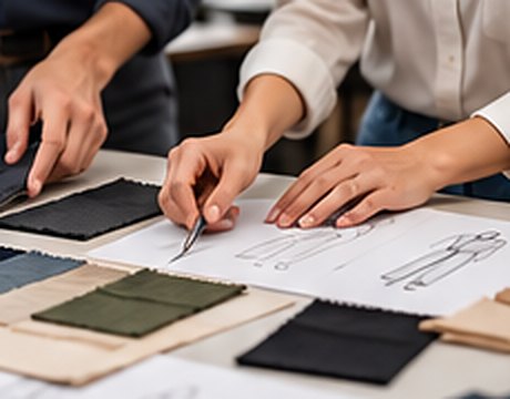 Hands marking up garment sketches beside fabric swatches
