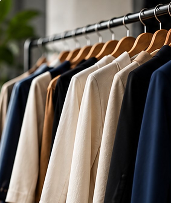 Rail of neutral and navy garments on wooden hangers
