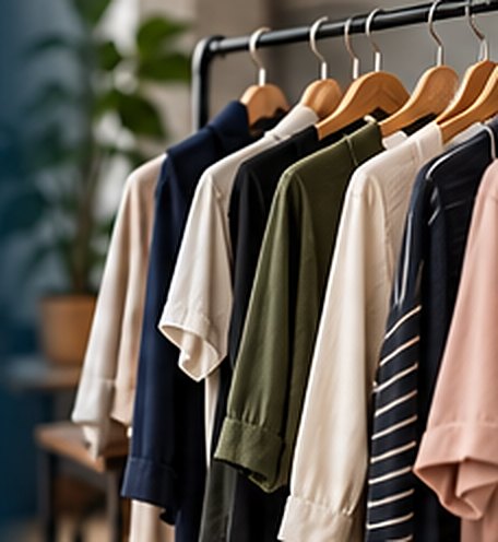Rail of shirts in navy, olive, cream, stripe and blush