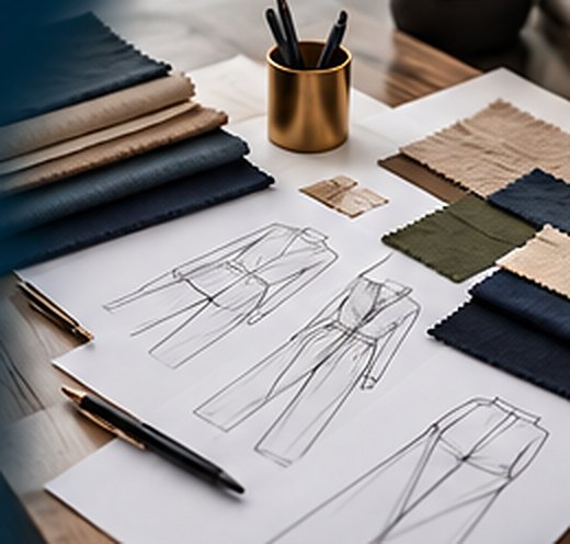 Fabric swatches beside garment sketches and a pen