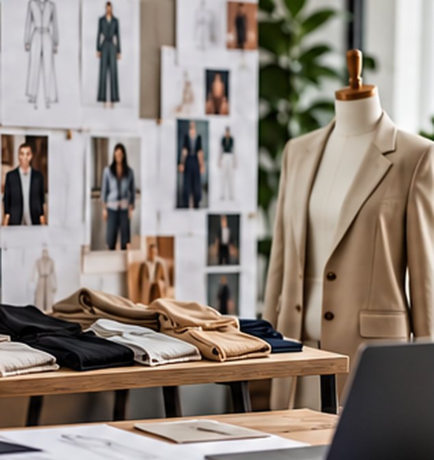 Design studio with mood board, folded garments and a camel blazer on a dress form