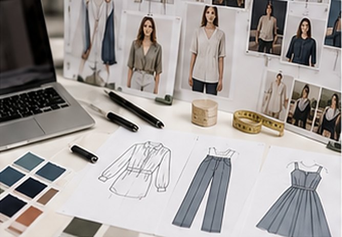 Garment sketches, fabric swatches and a laptop on a design desk
