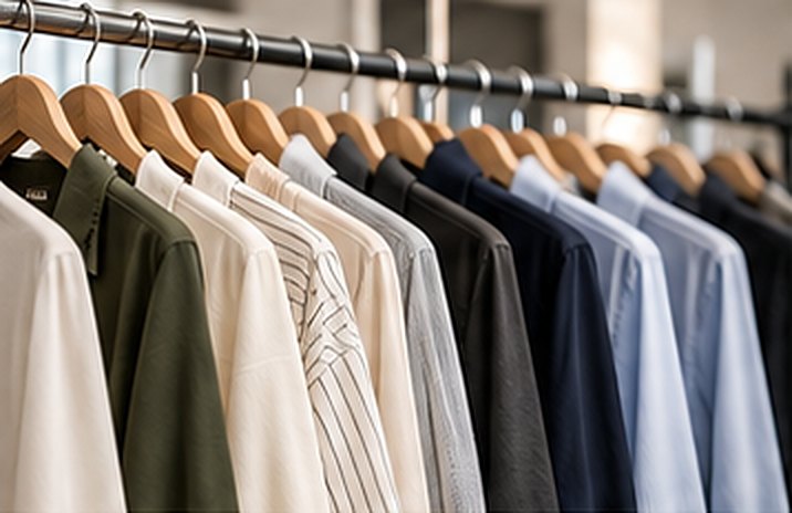 Rail of shirts in olive, cream, stripe and blue