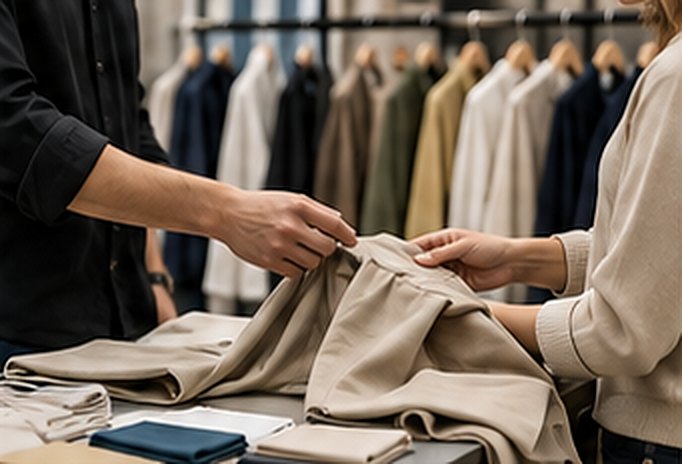 Two people reviewing a beige garment sample