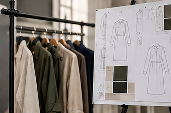 Technical garment drawings pinned beside a clothing rail