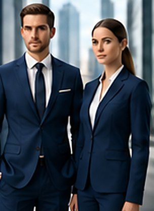 Two staff members in navy corporate suits