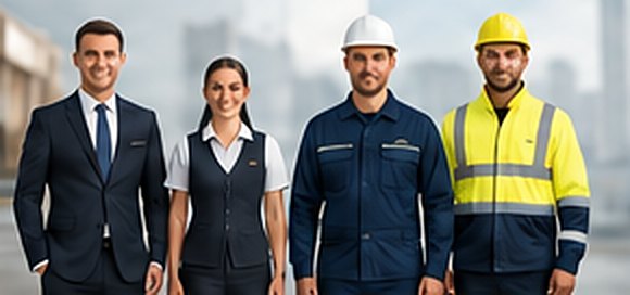 Corporate, hospitality, workwear and high-visibility uniforms worn by four staff